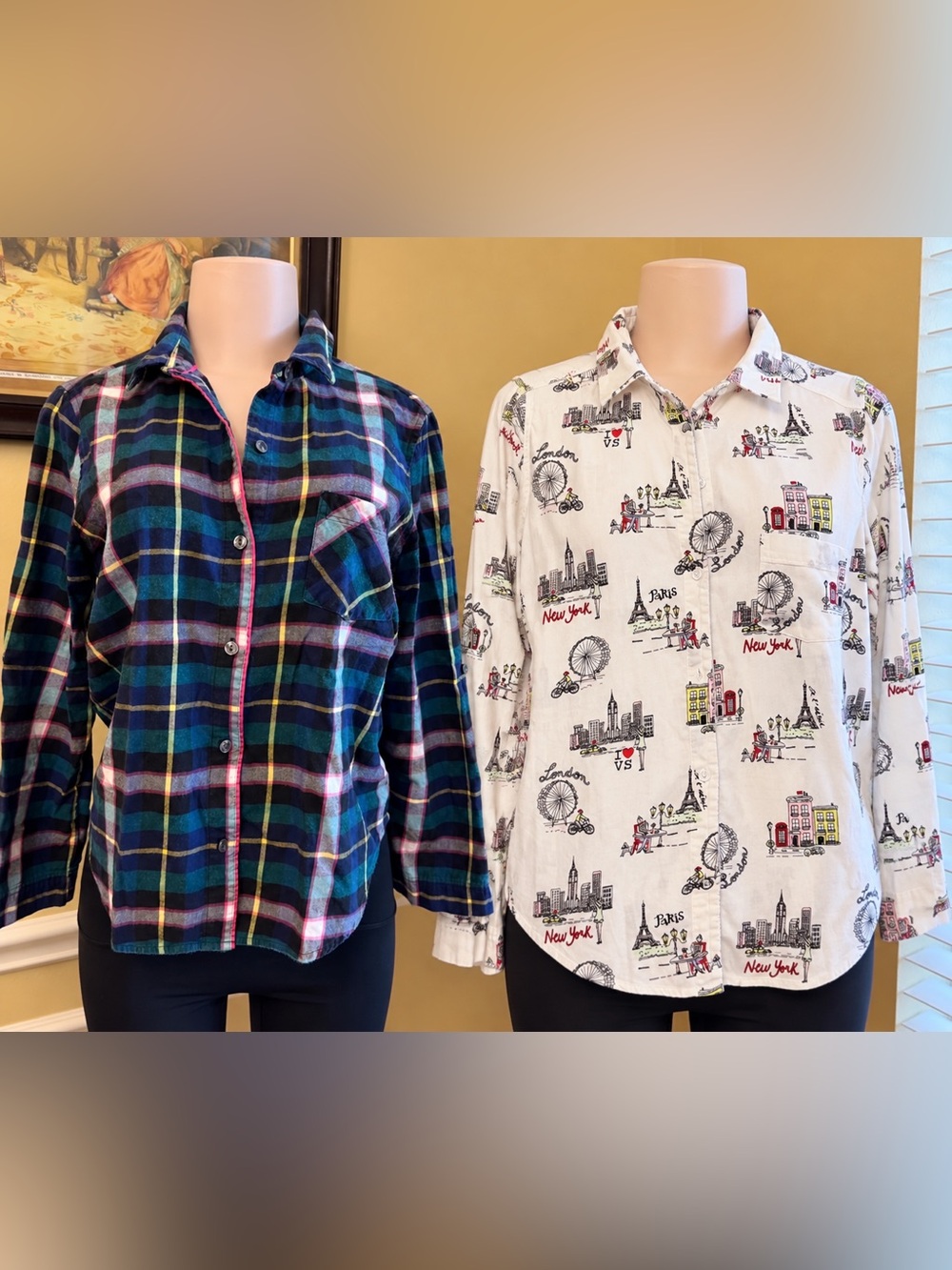 Victoria's Secret Plaid Flannel Button Down and White Cityscape Pajama Bundle